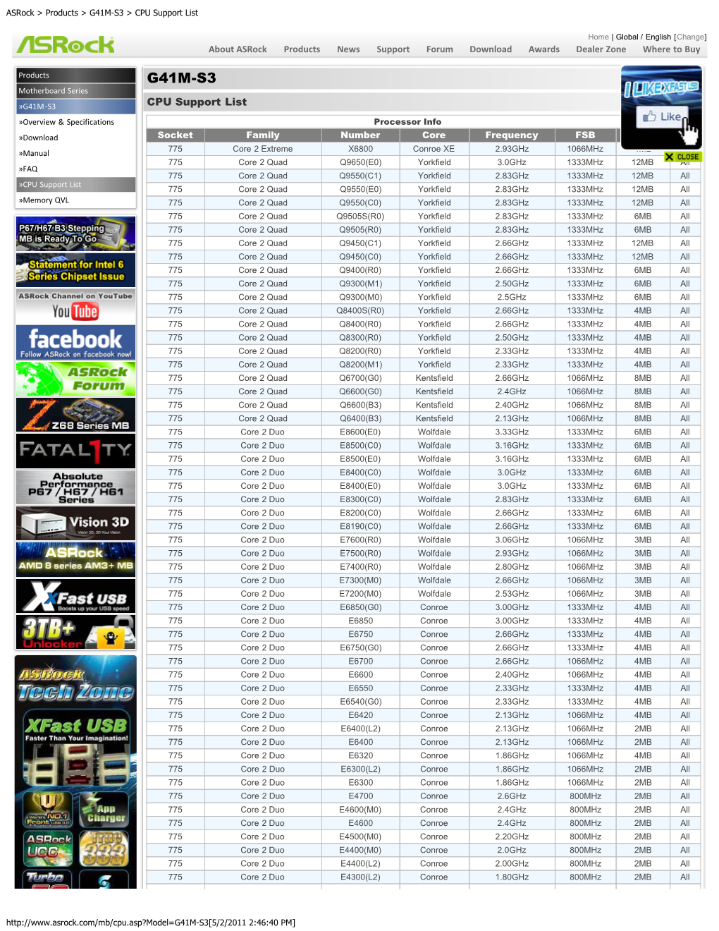 Asrock > Products > G41M-S3 > CPU Support List