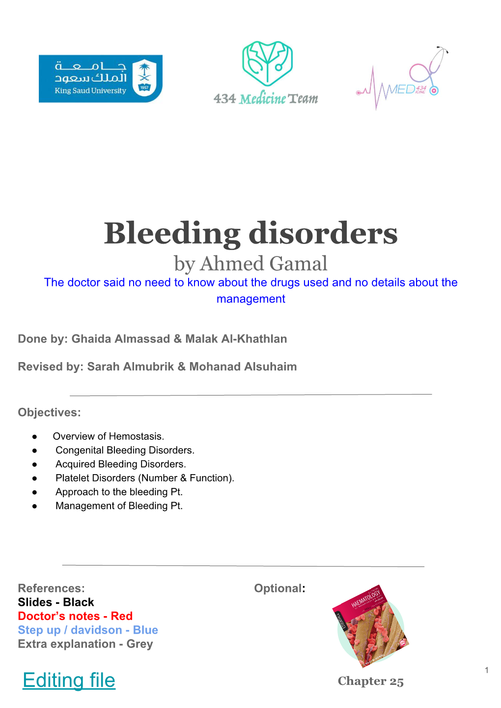 Bleeding Disorders by Ahmed Gamal the Doctor Said No Need to Know About the Drugs Used and No Details About the Management