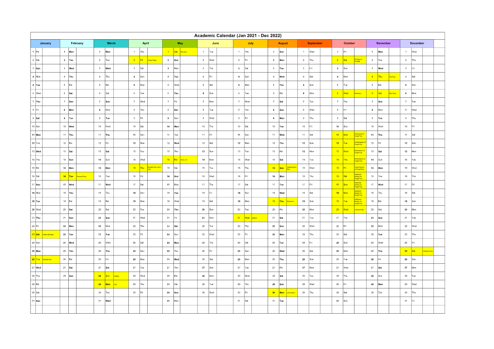 Calendar (Jan 2021 - Dec 2022)