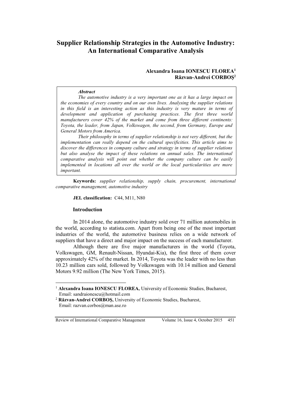 Supplier Relationship Strategies in the Automotive Industry: an International Comparative Analysis