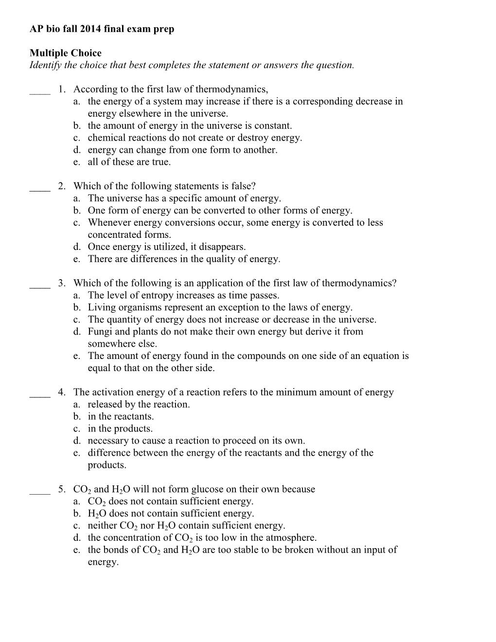 AP Bio Fall 2014 Final Exam Prep Multiple Choice Identify the Choice