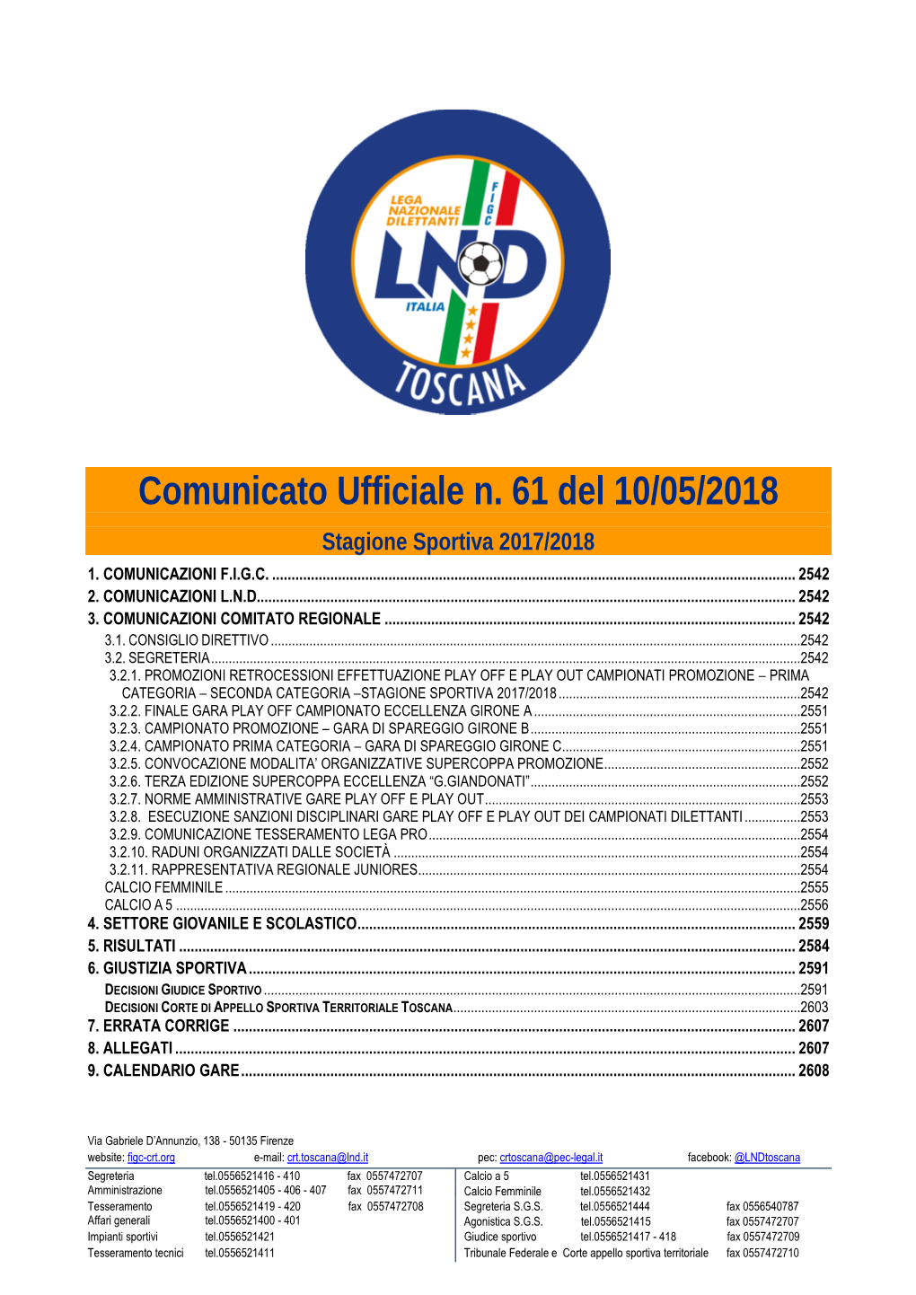 Comunicato Ufficiale N. 61 Del 10/05/2018