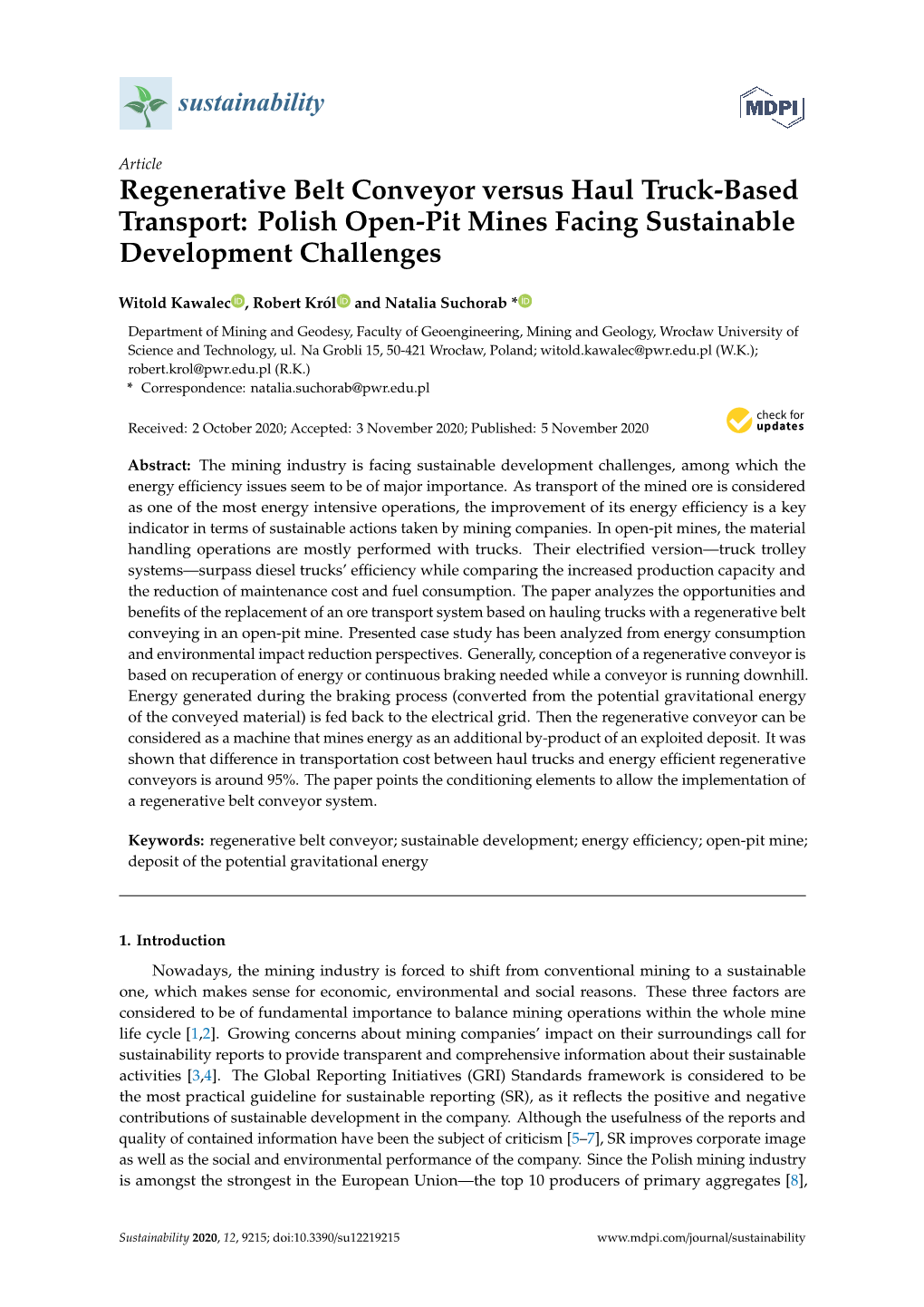 Regenerative Belt Conveyor Versus Haul Truck-Based Transport: Polish Open-Pit Mines Facing Sustainable Development Challenges