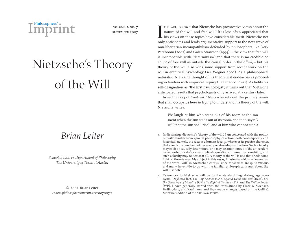 Nietzsche's Theory of the Will