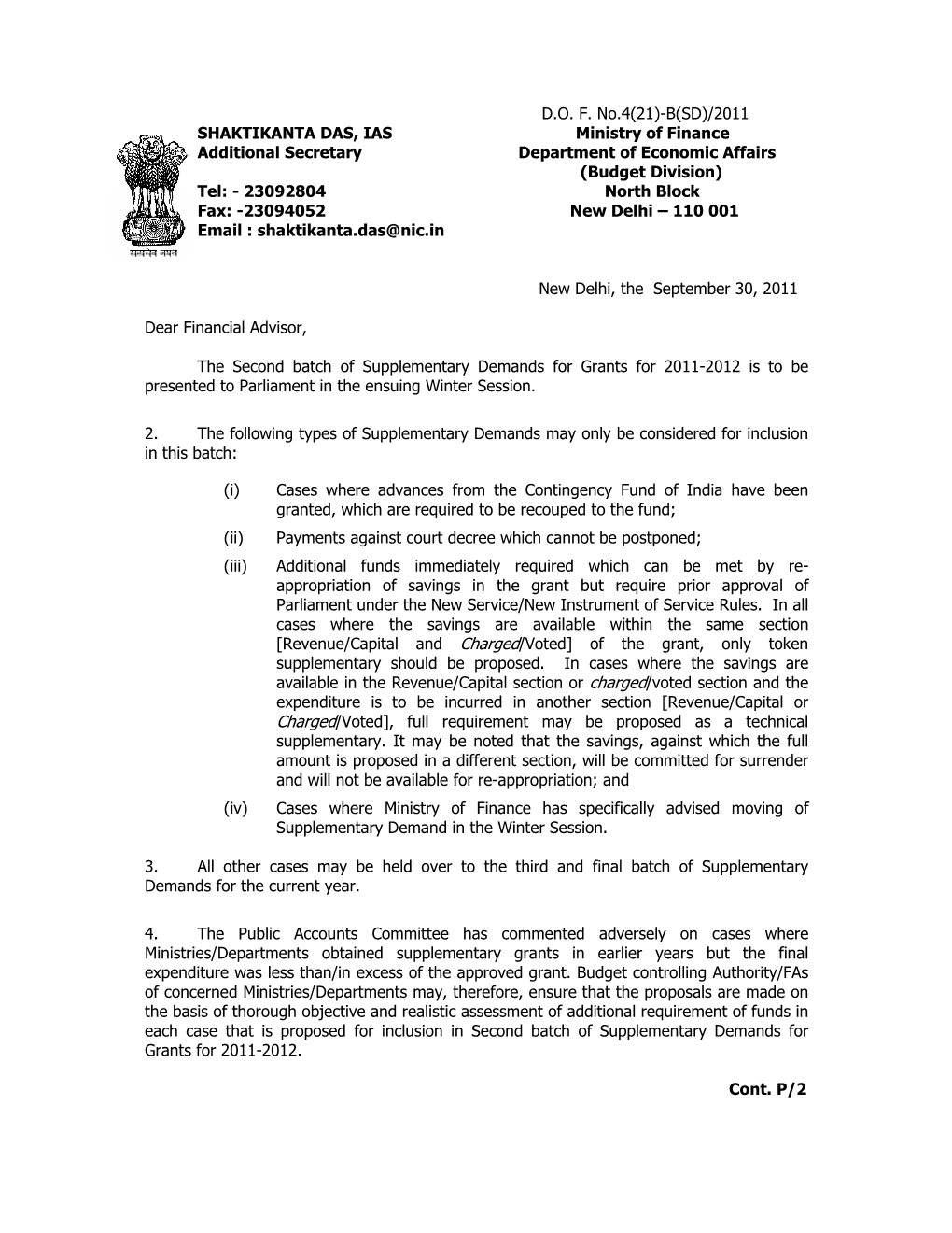 D.O. F. No.4(21)-B(SD)/2011 SHAKTIKANTA DAS, IAS Ministry Of