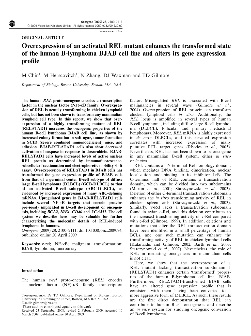 Overexpression of an Activated REL Mutant Enhances the Transformed State of the Human B-Lymphoma BJAB Cell Line and Alters Its Gene Expression Proﬁle