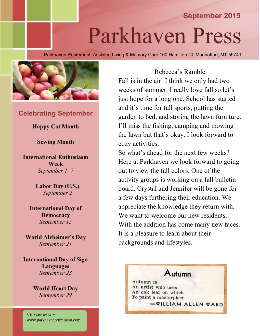 Parkhaven Press Parkhaven Retirement, Assisted Living & Memory Care 100 Hamilton Ct