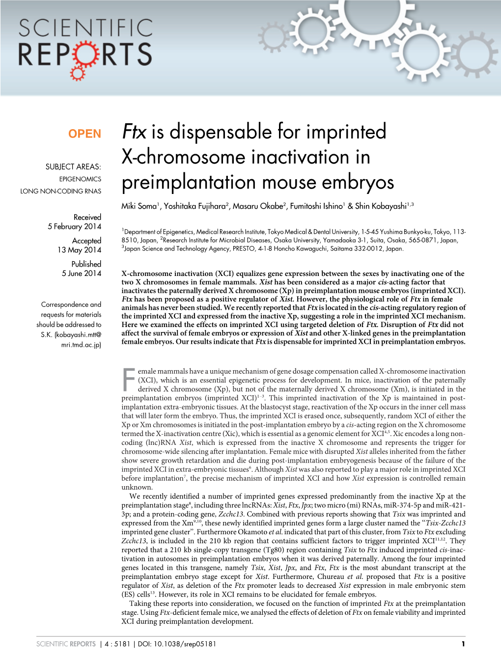 Ftx Is Dispensable for Imprinted X-Chromosome Inactivation In