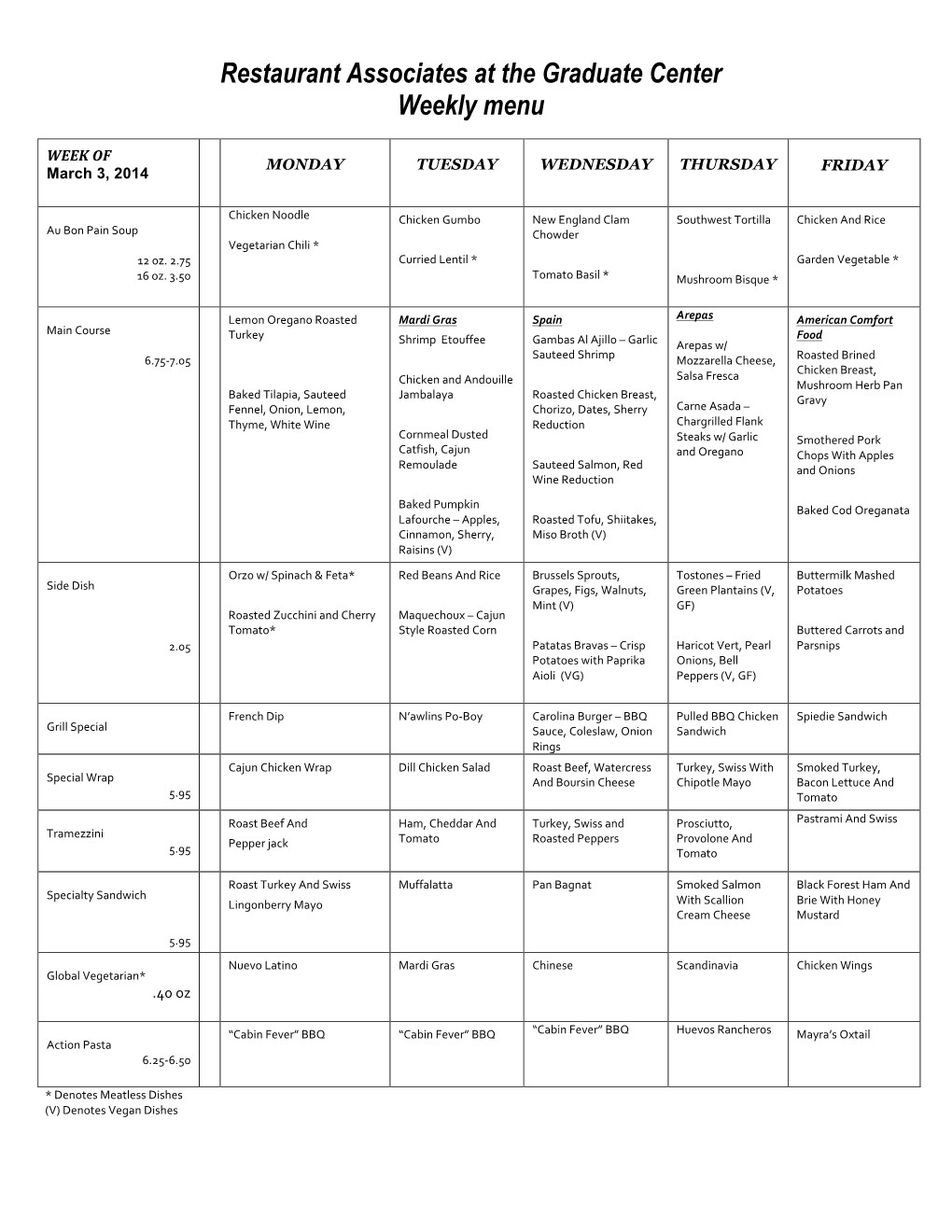 Restaurant Associates at the Graduate Center Weekly Menu