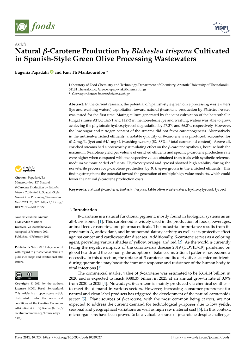 Carotene Production by Blakeslea Trispora Cultivated in Spanish-Style Green Olive Processing Wastewaters