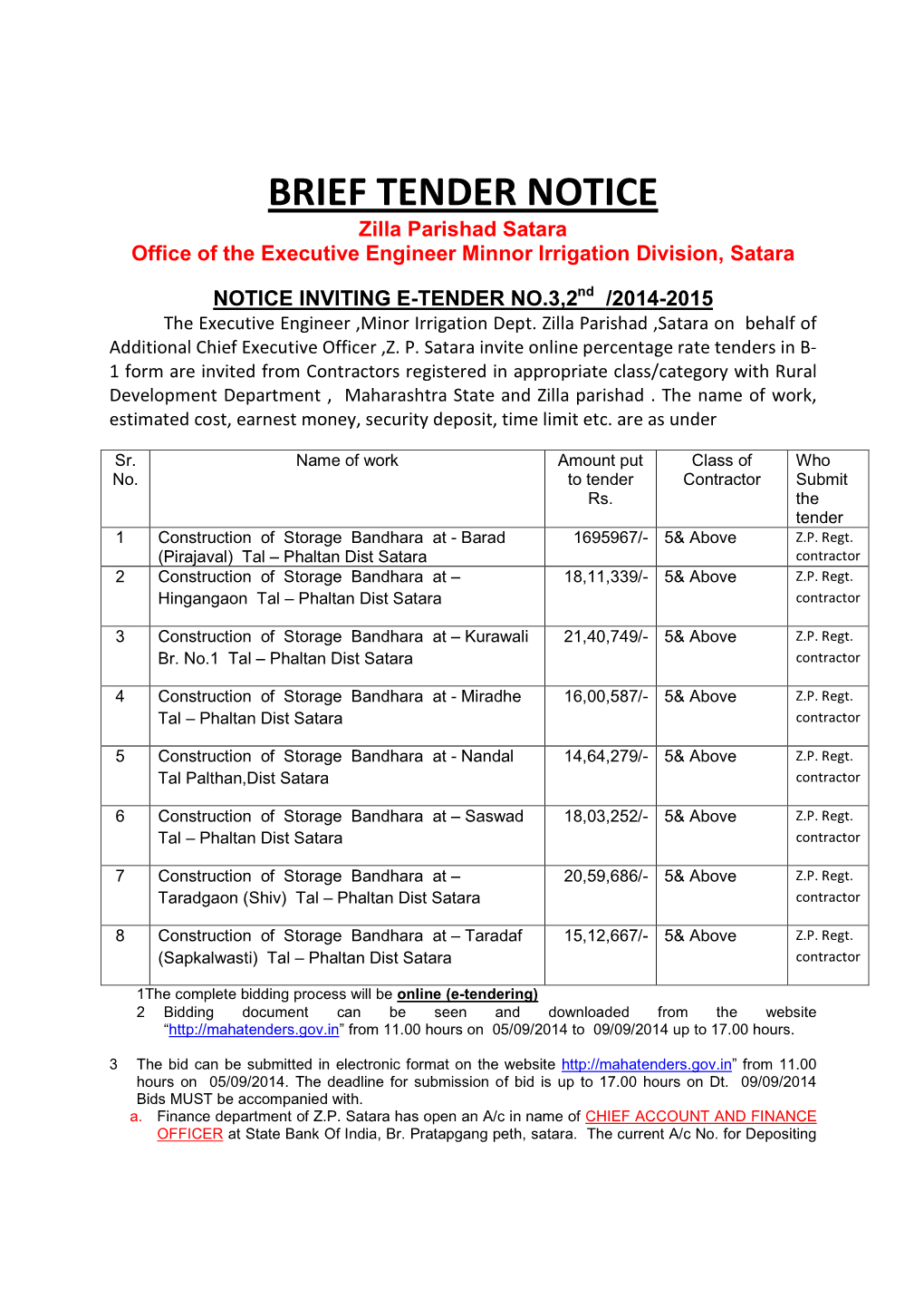 BRIEF TENDER NOTICE Zilla Parishad Satara Office of the Executive Engineer Minnor Irrigation Division, Satara