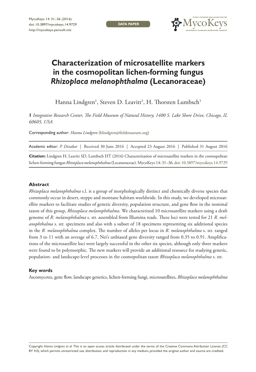 ﻿Characterization of Microsatellite Markers in the Cosmopolitan Lichen