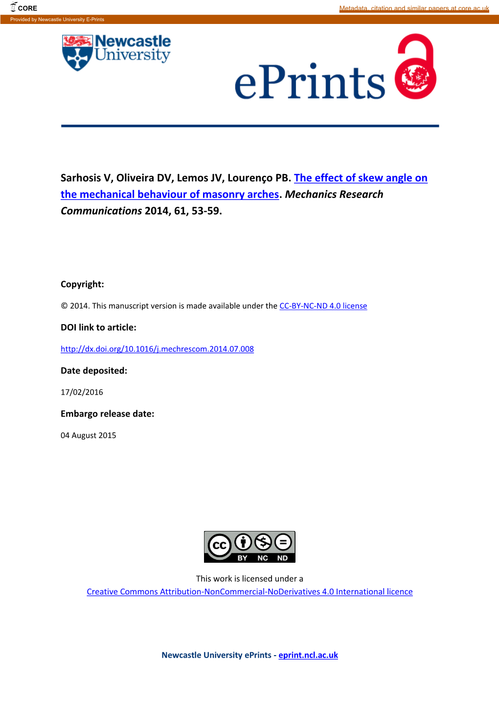 The Effect of Skew Angle on the Mechanical Behaviour of Masonry Arches