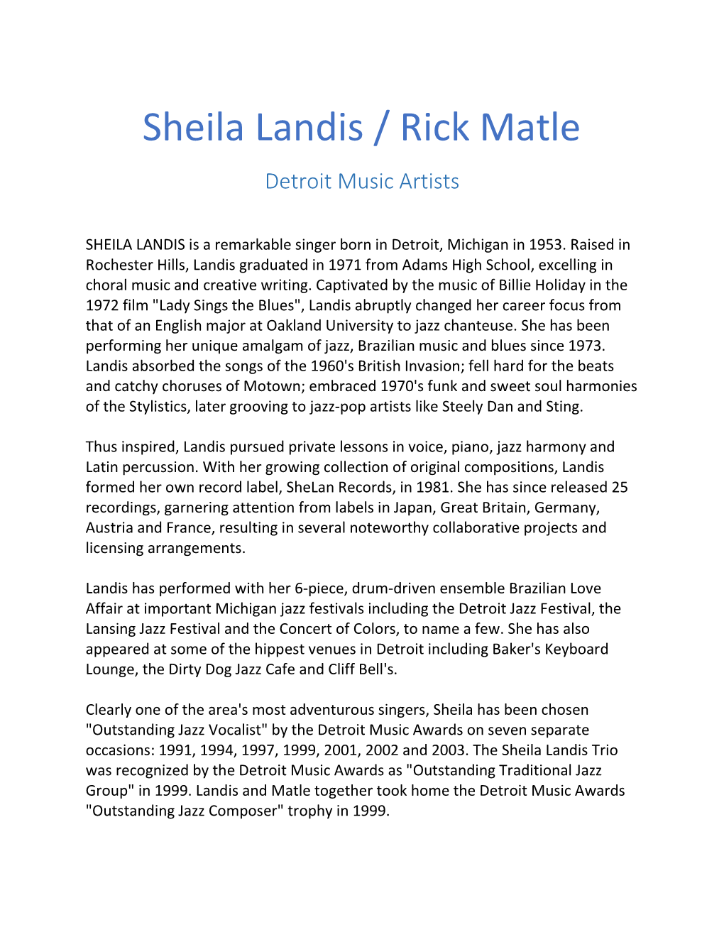 Sheila Landis / Rick Matle Detroit Music Artists