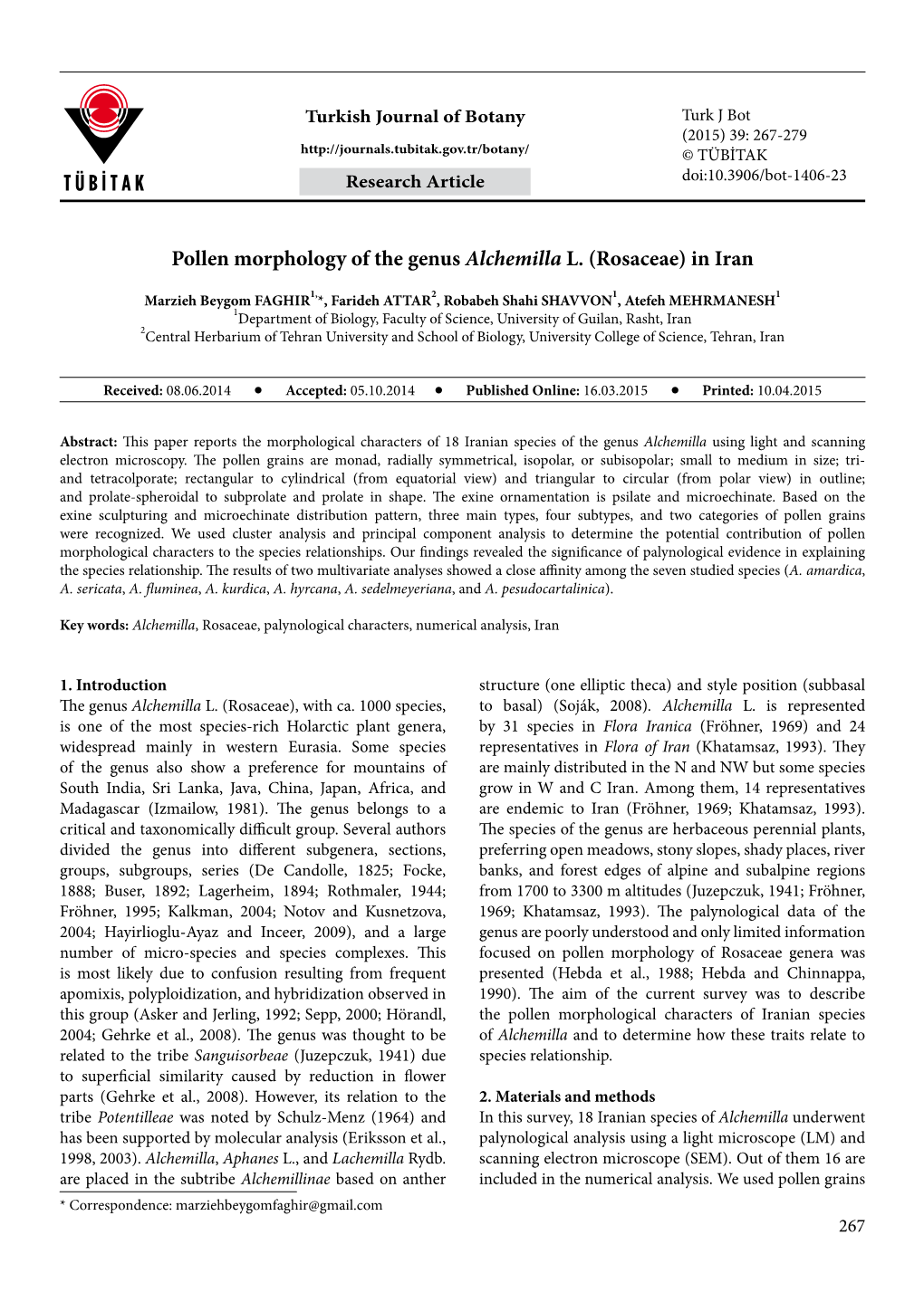 Pollen Morphology of the Genus Alchemilla L. (Rosaceae) in Iran