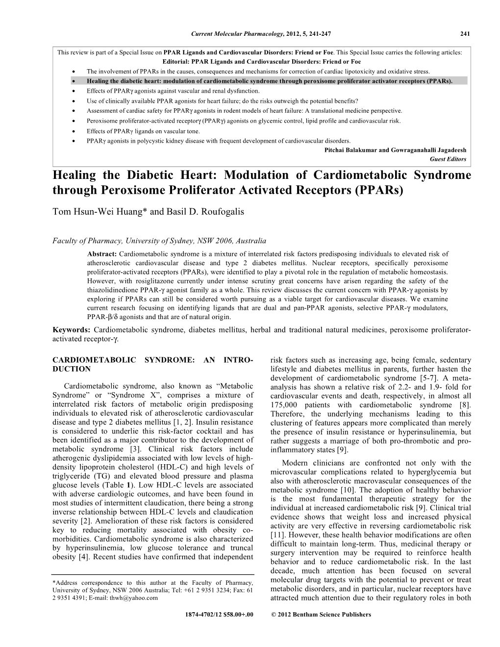 Modulation of Cardiometabolic Syndrome Through Peroxisome Proliferator Activator Receptors (Ppars)