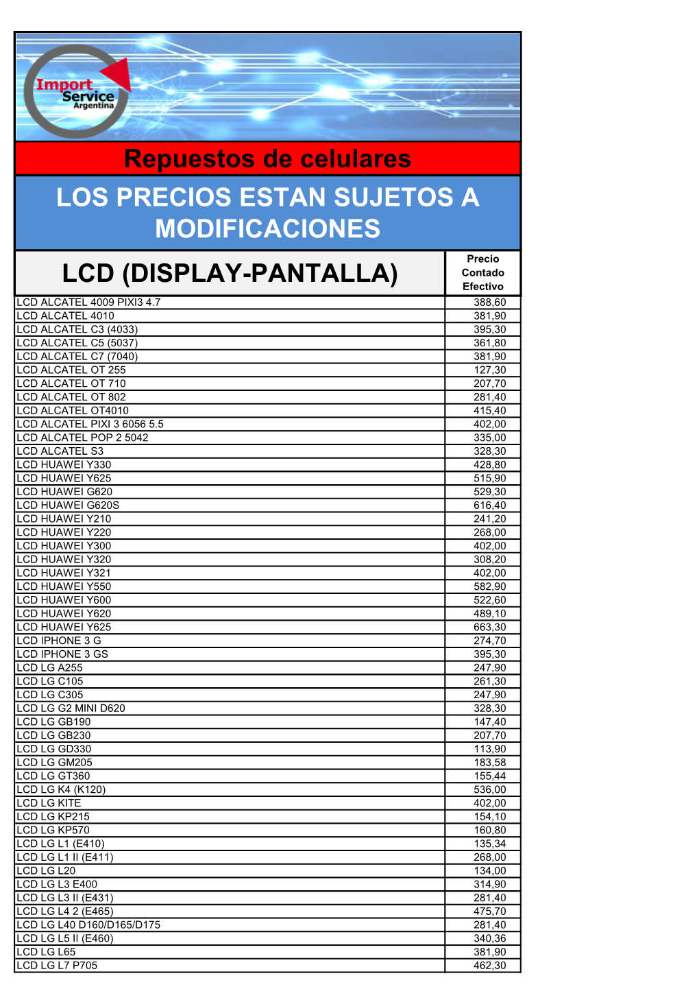 Repuestos De Celulares LOS PRECIOS ESTAN SUJETOS a MODIFICACIONES