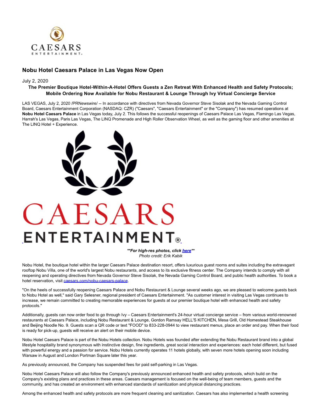 Nobu Hotel Caesars Palace in Las Vegas Now Open