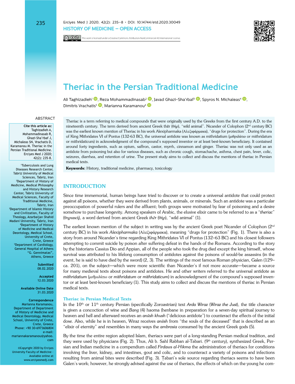 Theriac in the Persian Traditional Medicine