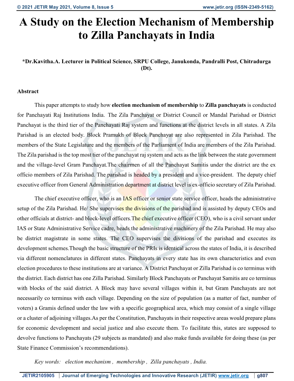 A Study on the Election Mechanism of Membership to Zilla Panchayats in India