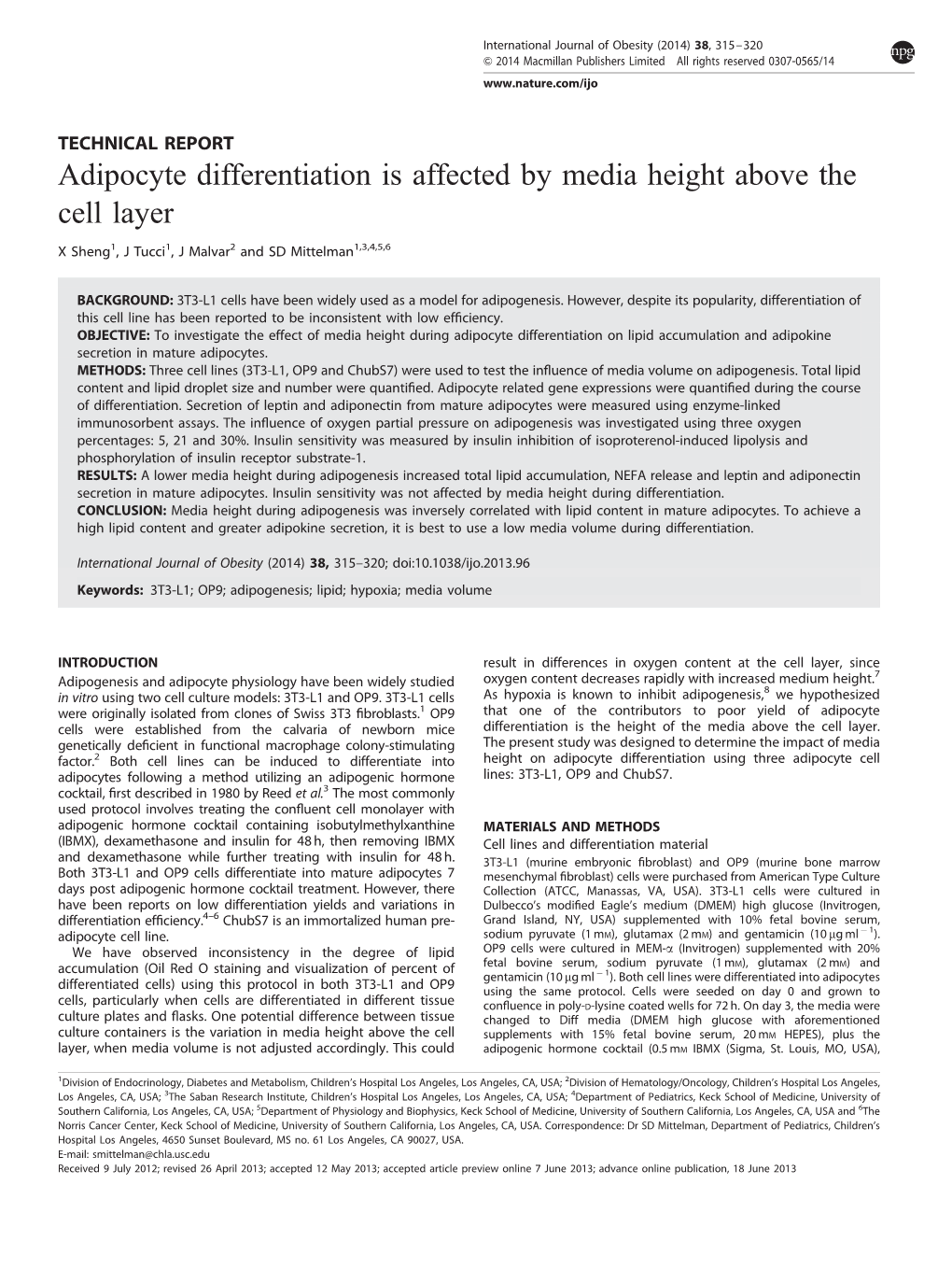 Adipocyte Differentiation Is Affected by Media Height Above the Cell Layer