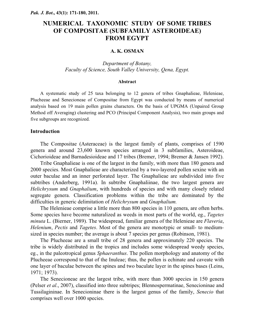 Numerical Taxonomic Study of Some Tribes of Compositae (Subfamily Asteroideae) from Egypt