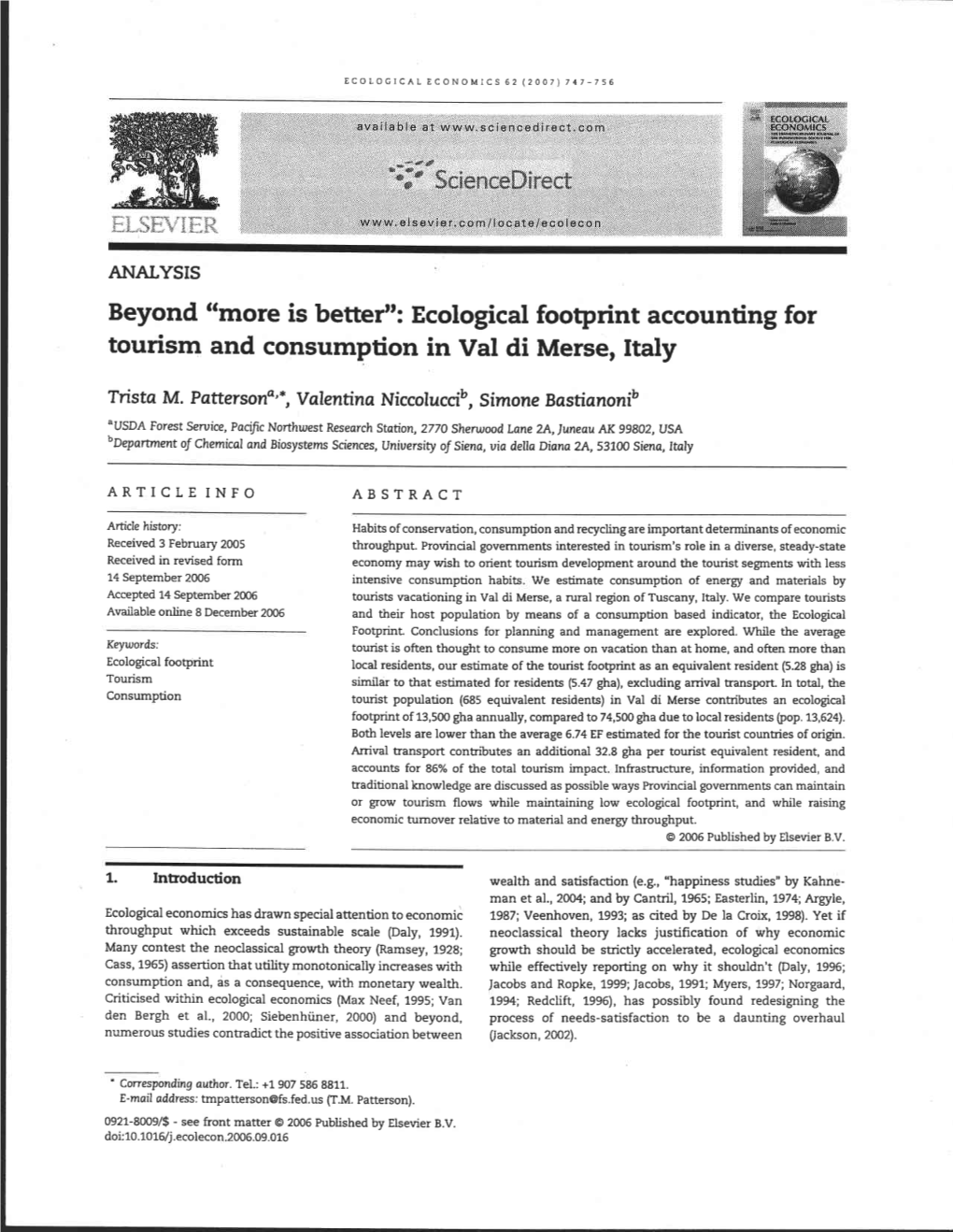 Ecological Footprint Accounting for Tourism and Consumption in Val Di Merse, Italy