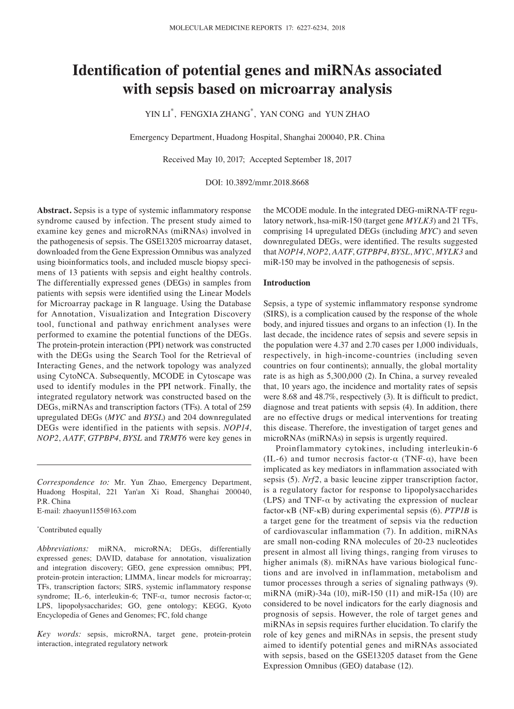 Identification of Potential Genes and Mirnas Associated with Sepsis Based on Microarray Analysis