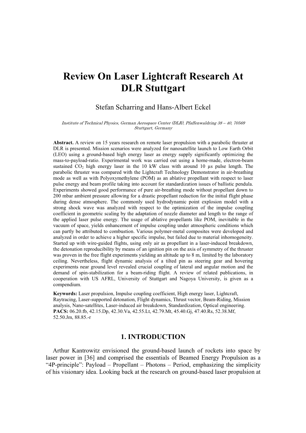 Review on Laser Lightcraft Research at DLR Stuttgart