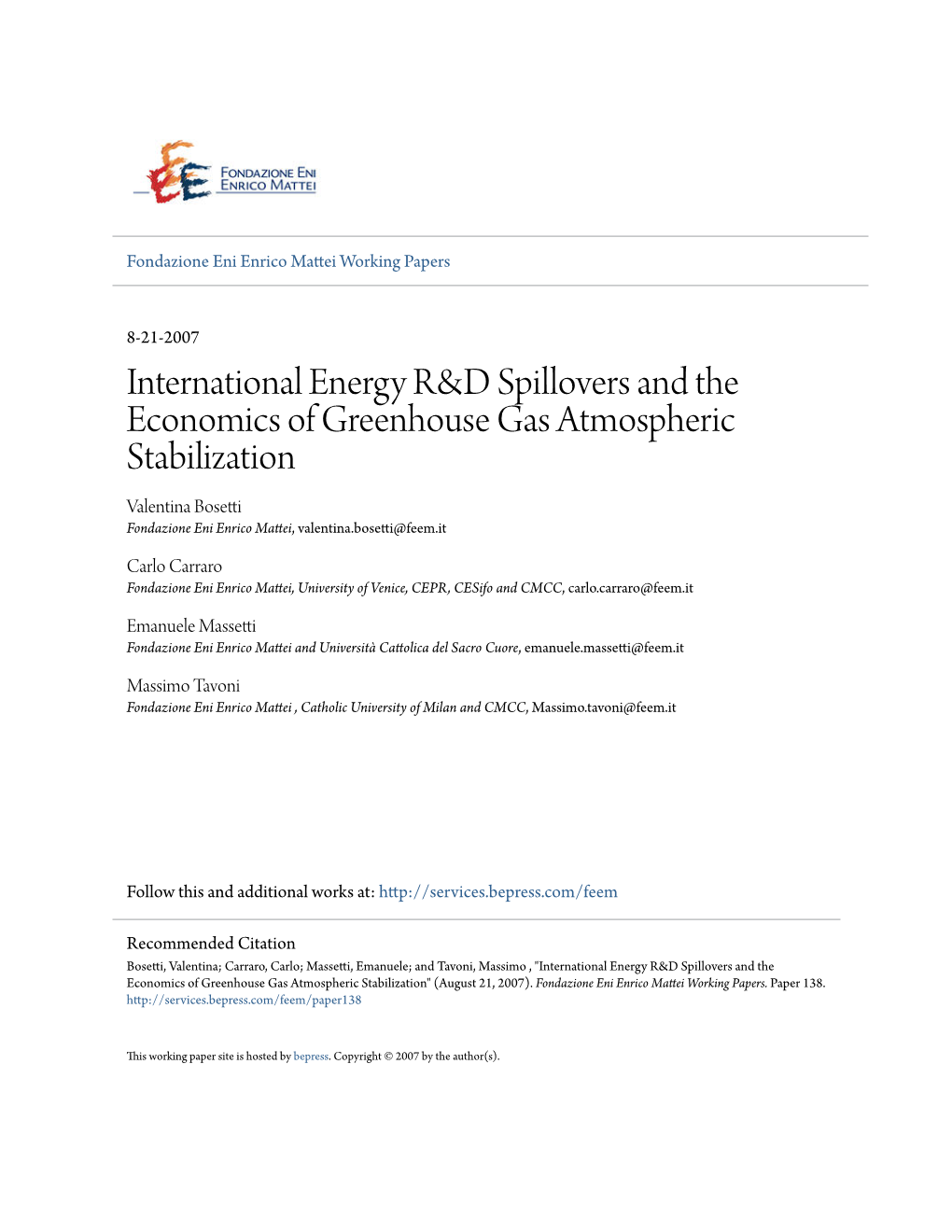 International Energy R&D Spillovers and the Economics of Greenhouse Gas Atmospheric Stabilization