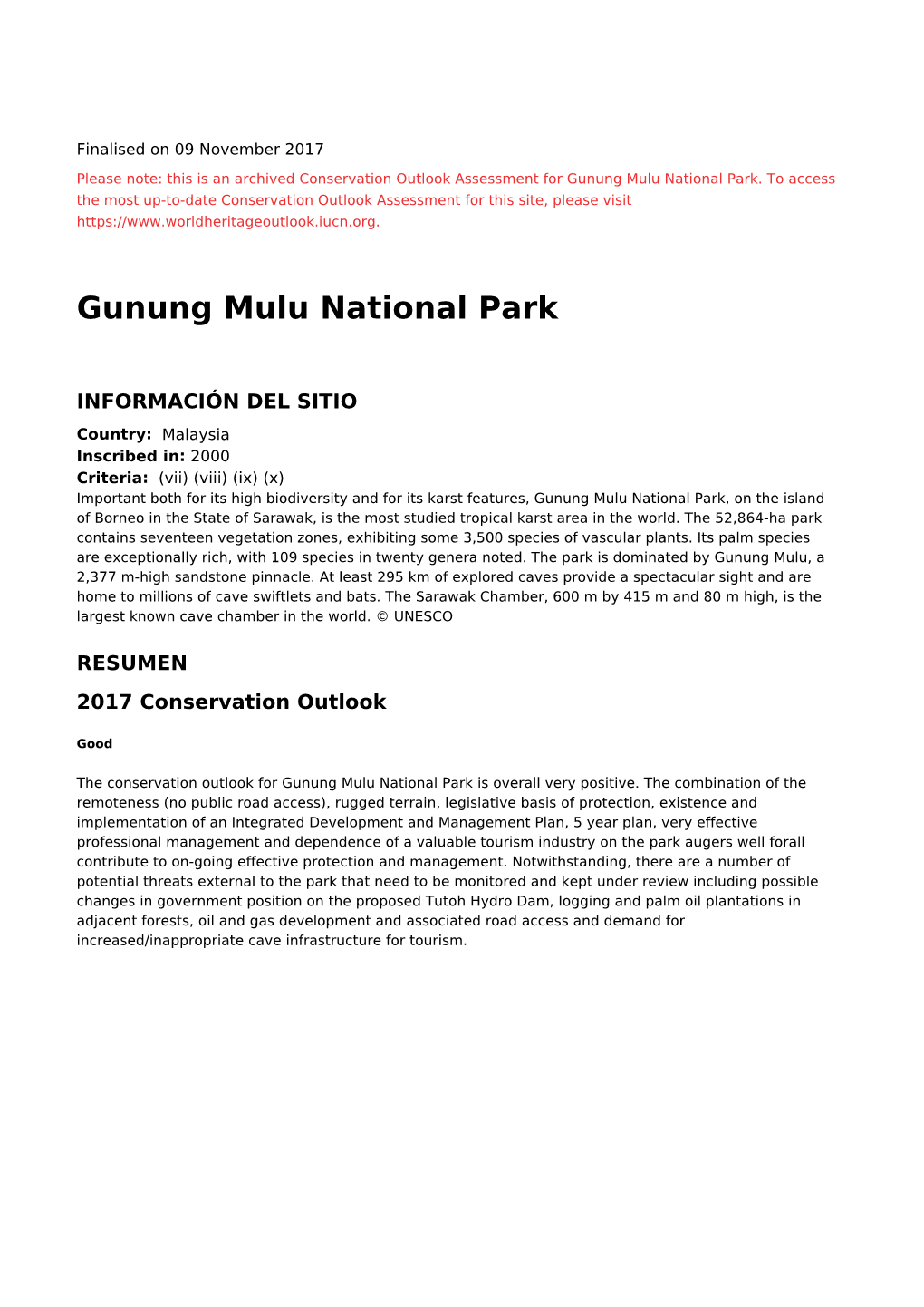 Gunung Mulu National Park - 2017 Conservation Outlook Assessment (Archived)