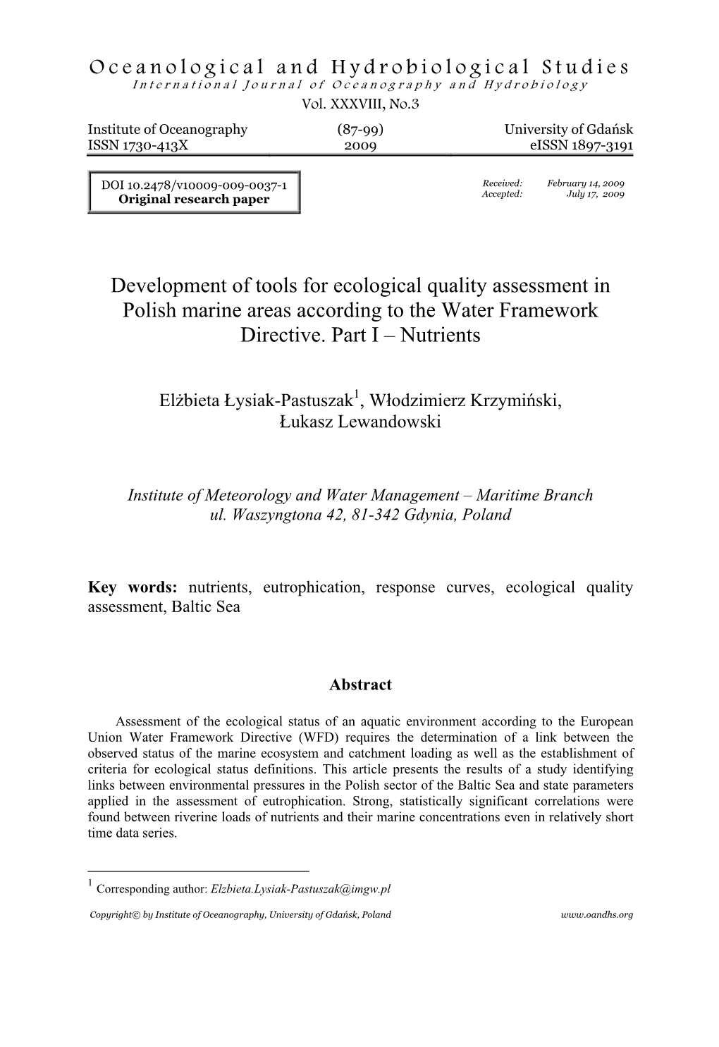 Development of Tools for Ecological Quality Assessment in Polish Marine Areas According to the Water Framework Directive