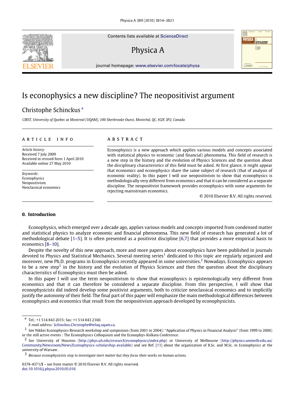 Is Econophysics a New Discipline? the Neopositivist Argument