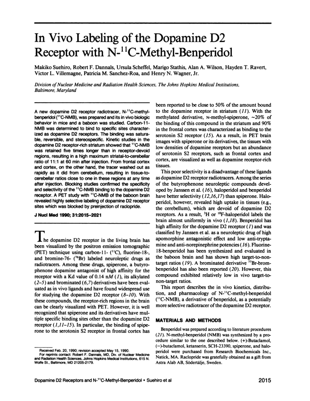 In Vivo Labeling of the Dopamine D2 Receptor with N-' Â€˜C-Methyl-Benperidol