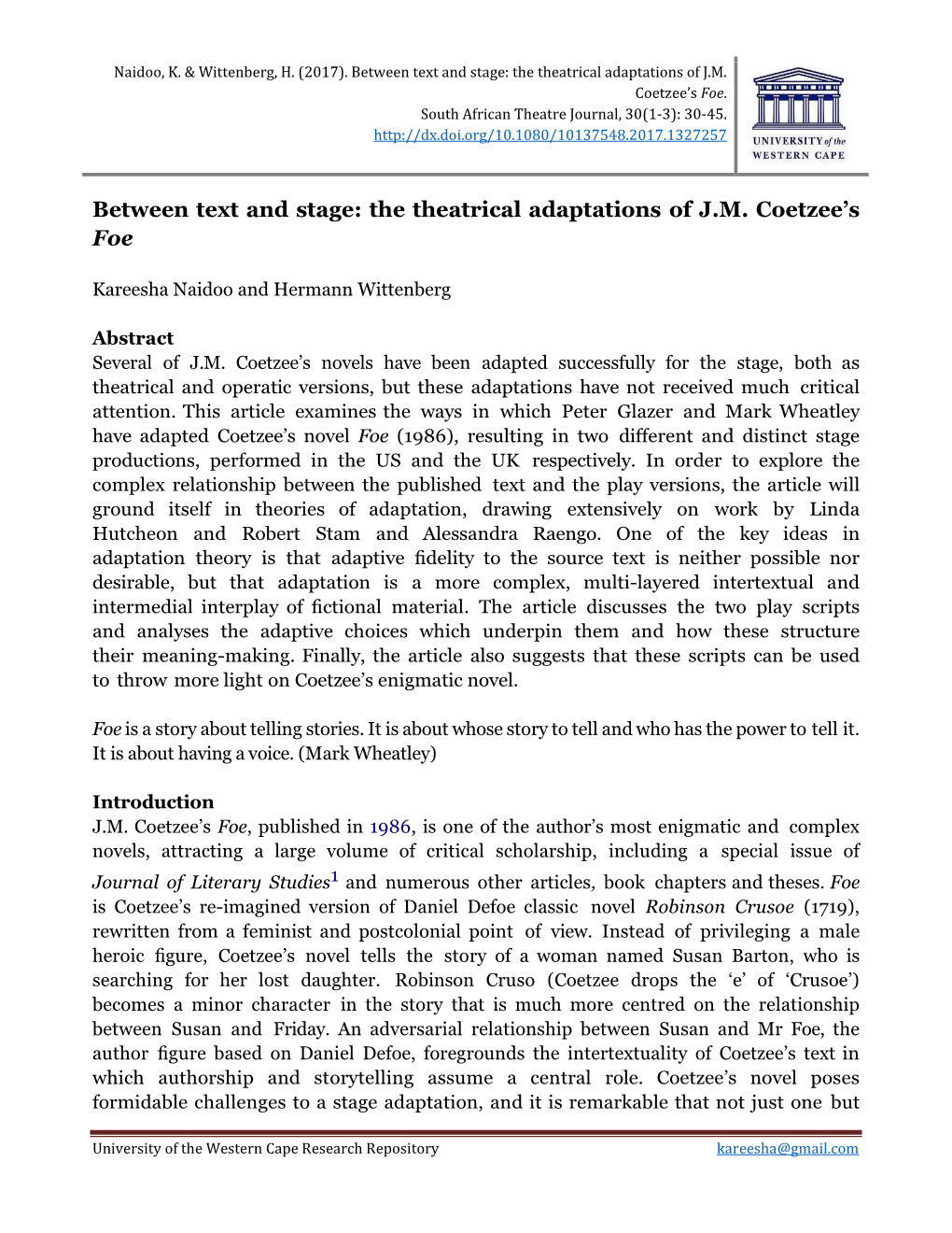 Between Text and Stage: the Theatrical Adaptations of J.M. Coetzee's