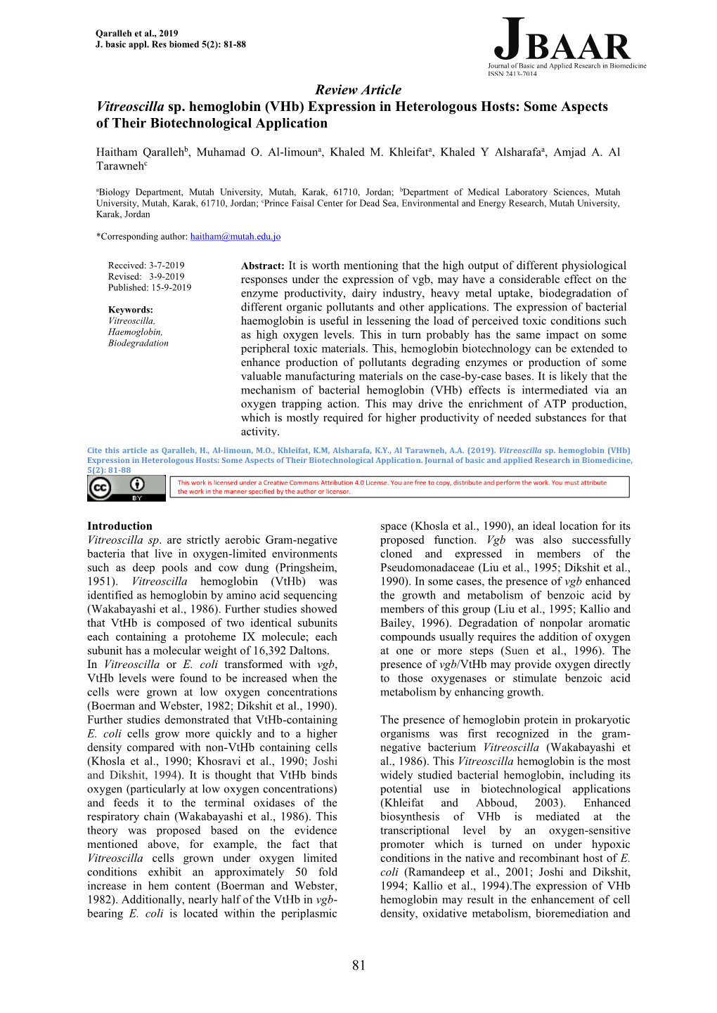 81 Review Article Vitreoscilla Sp. Hemoglobin (Vhb) Expression In