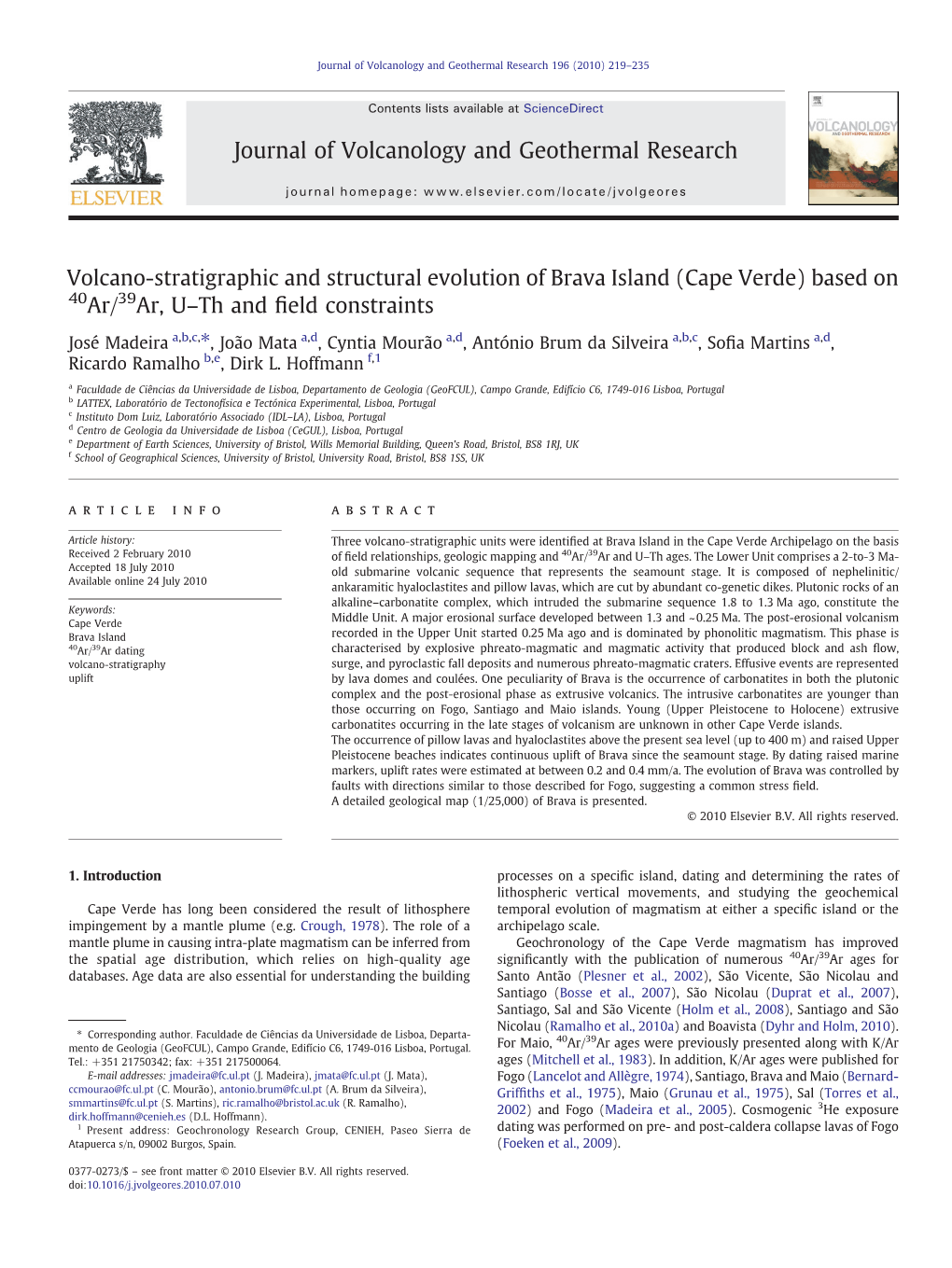 Volcano-Stratigraphic and Structural Evolution of Brava Island (Cape Verde) Based on 40Ar/39Ar, U–Th and Field Constraints