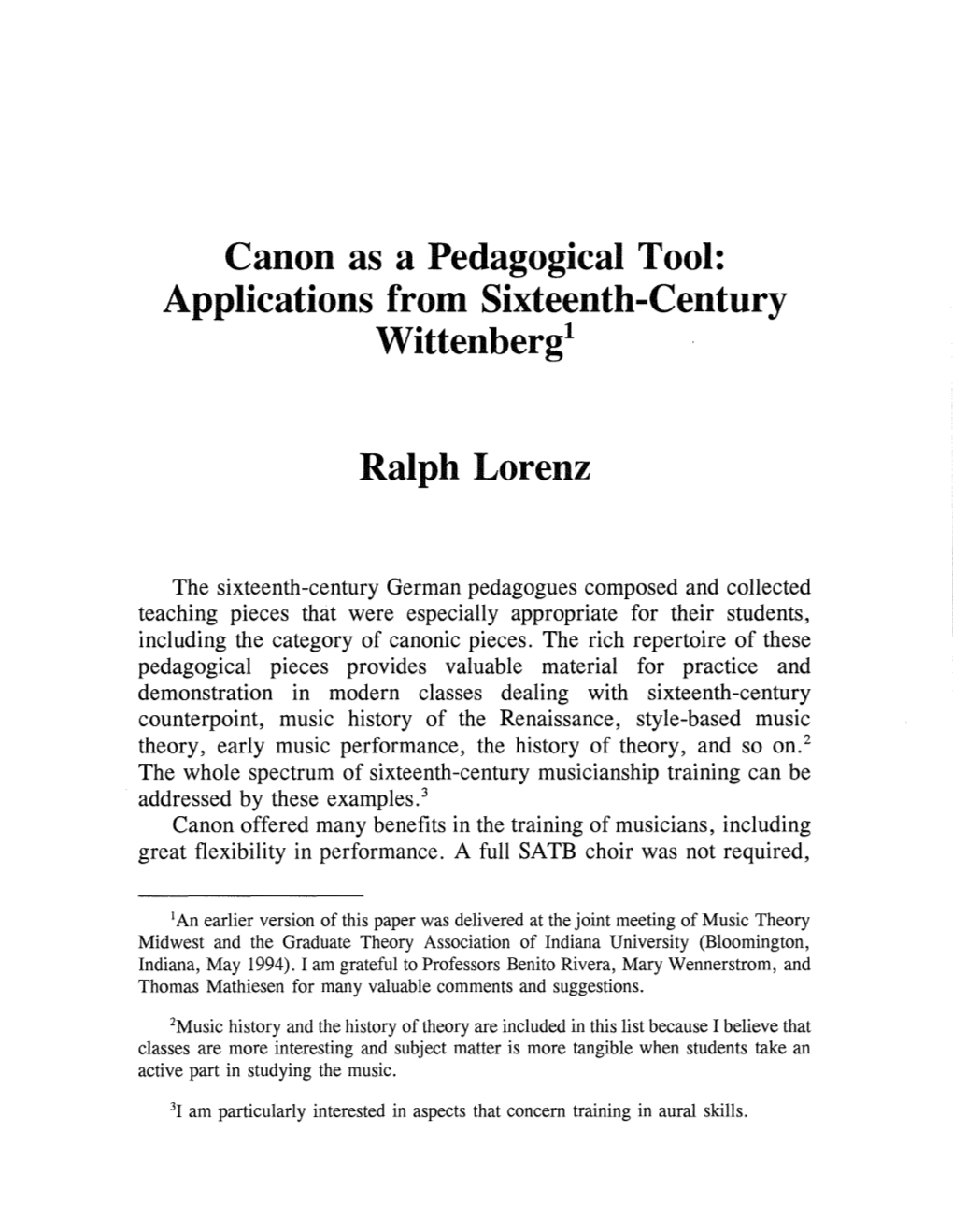 Canon As a Pedagogical Tool: Applications from Sixteenth-Century Wittenbergl