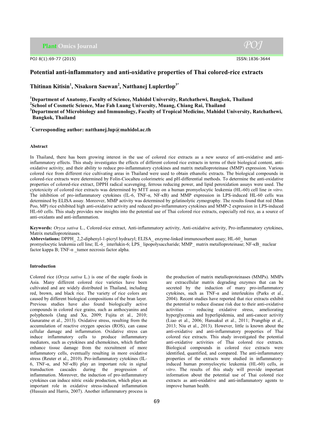 Potential Anti-Inflammatory and Anti-Oxidative Properties of Thai Colored-Rice Extracts