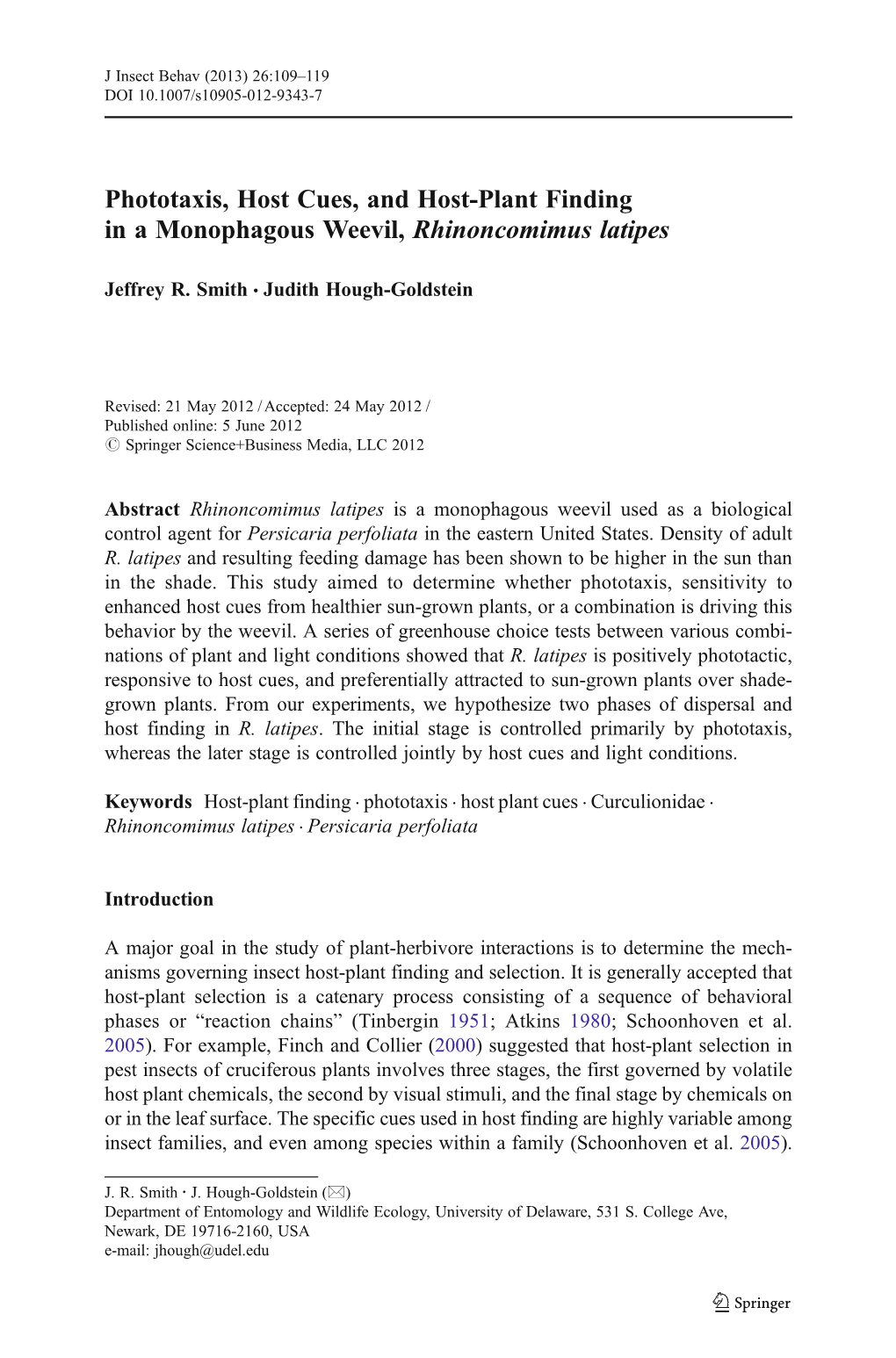 Phototaxis, Host Cues, and Host-Plant Finding in a Monophagous Weevil, Rhinoncomimus Latipes