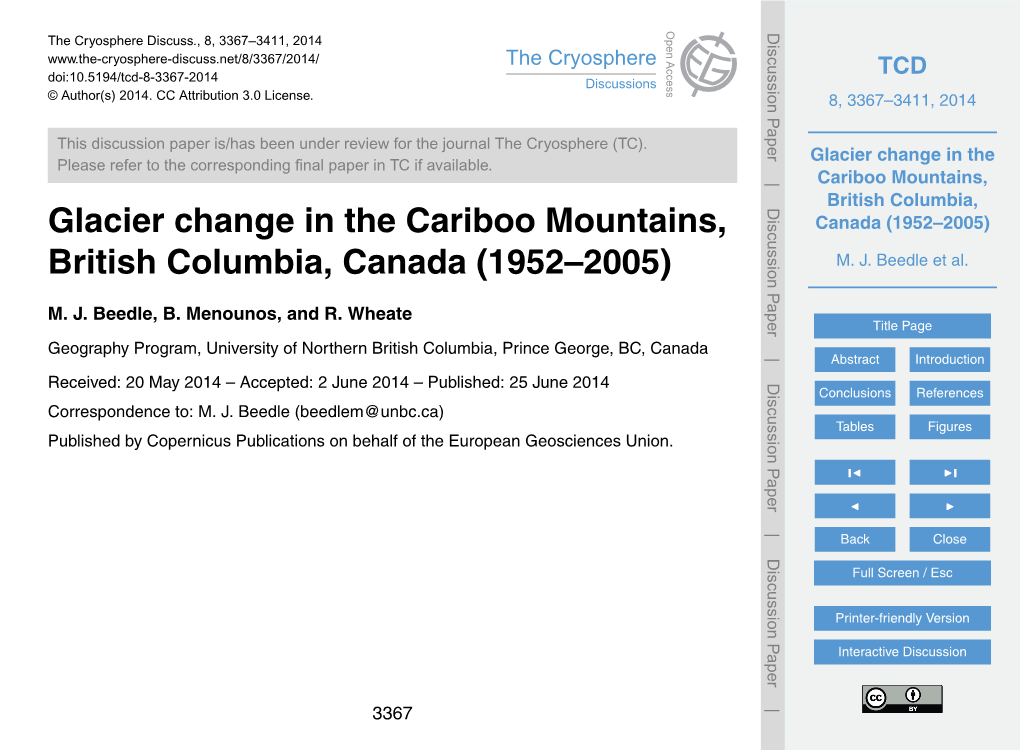 Glacier Change in the Cariboo Mountains, British Columbia, Canada (1952–2005)