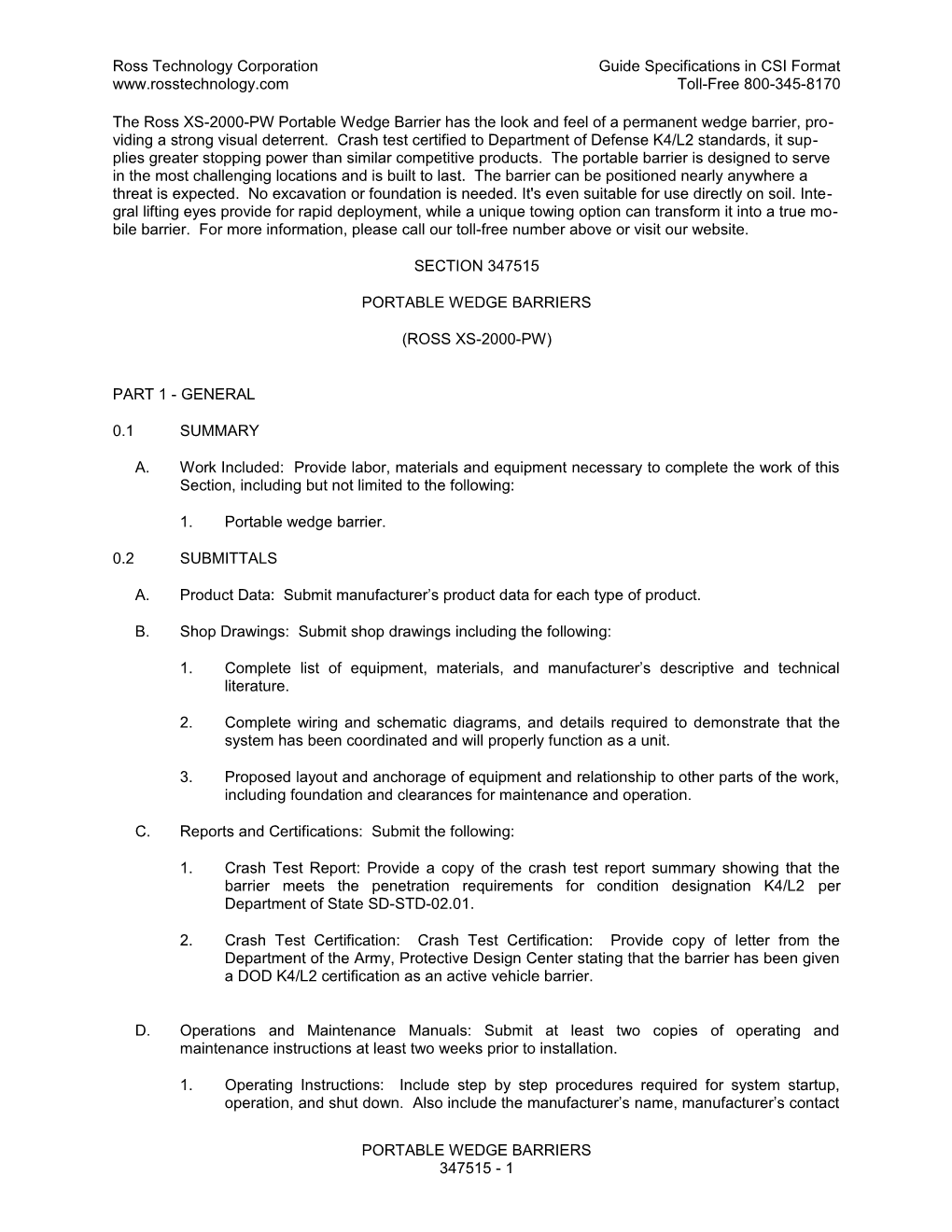 Ross Technology Corporation Guide Specifications in CSI Format