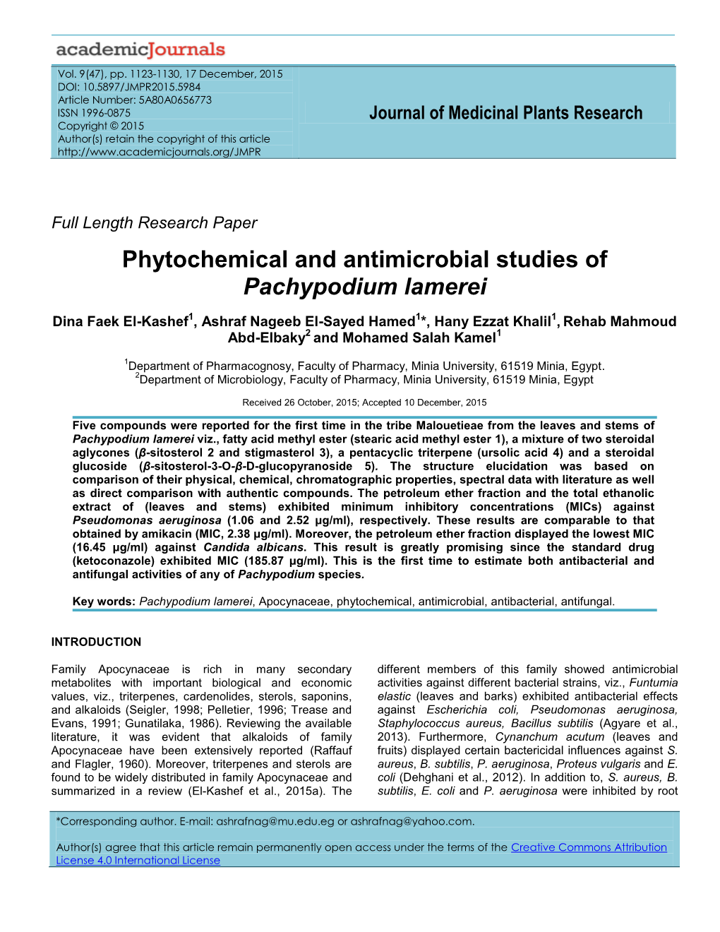 Phytochemical and Antimicrobial Studies of Pachypodium Lamerei