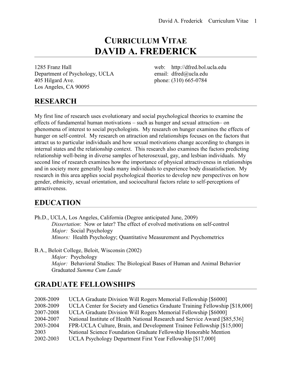 David A. Frederick Curriculum Vitae