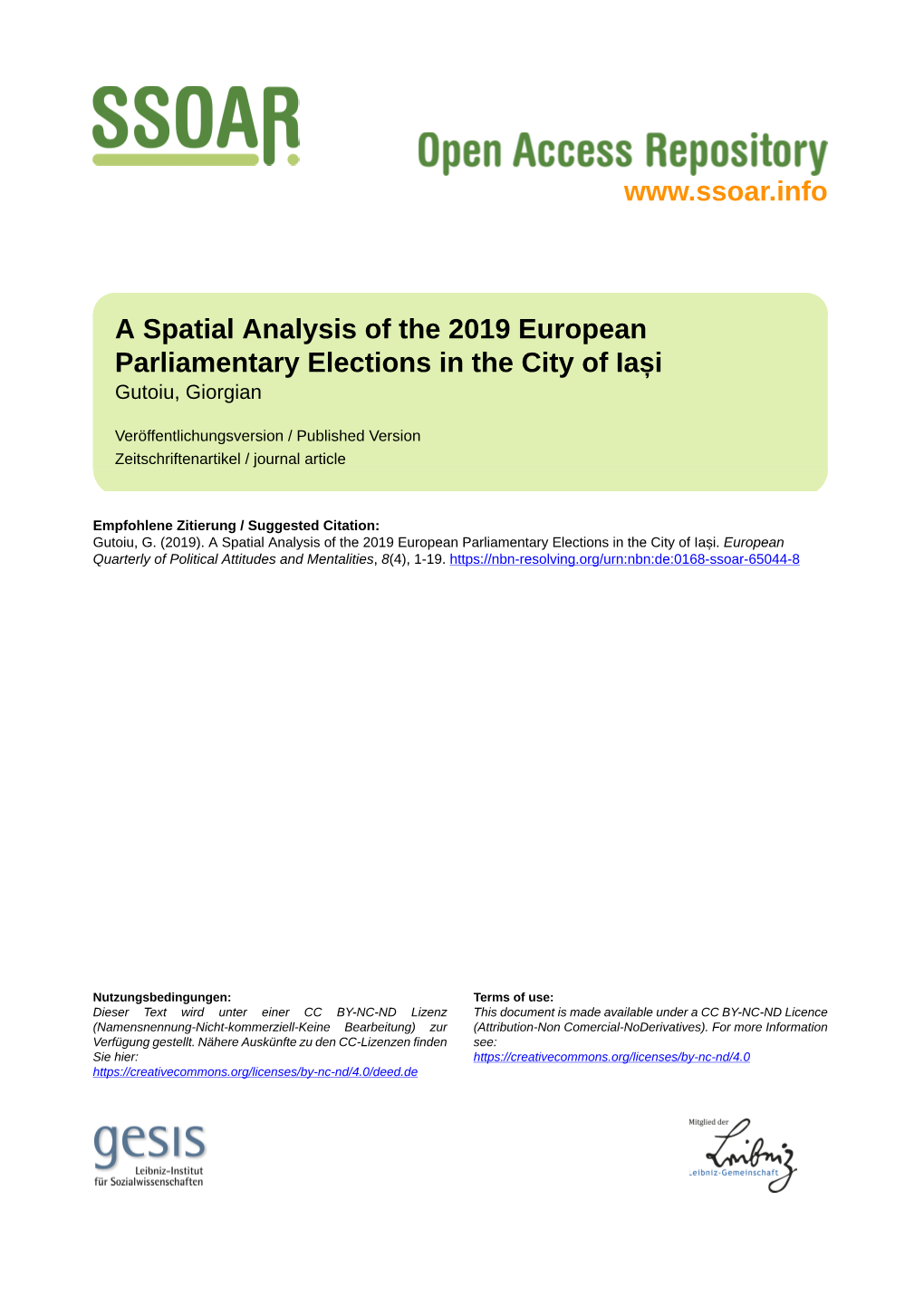 A Spatial Analysis of the 2019 European Parliamentary Elections in the City of Iași Gutoiu, Giorgian