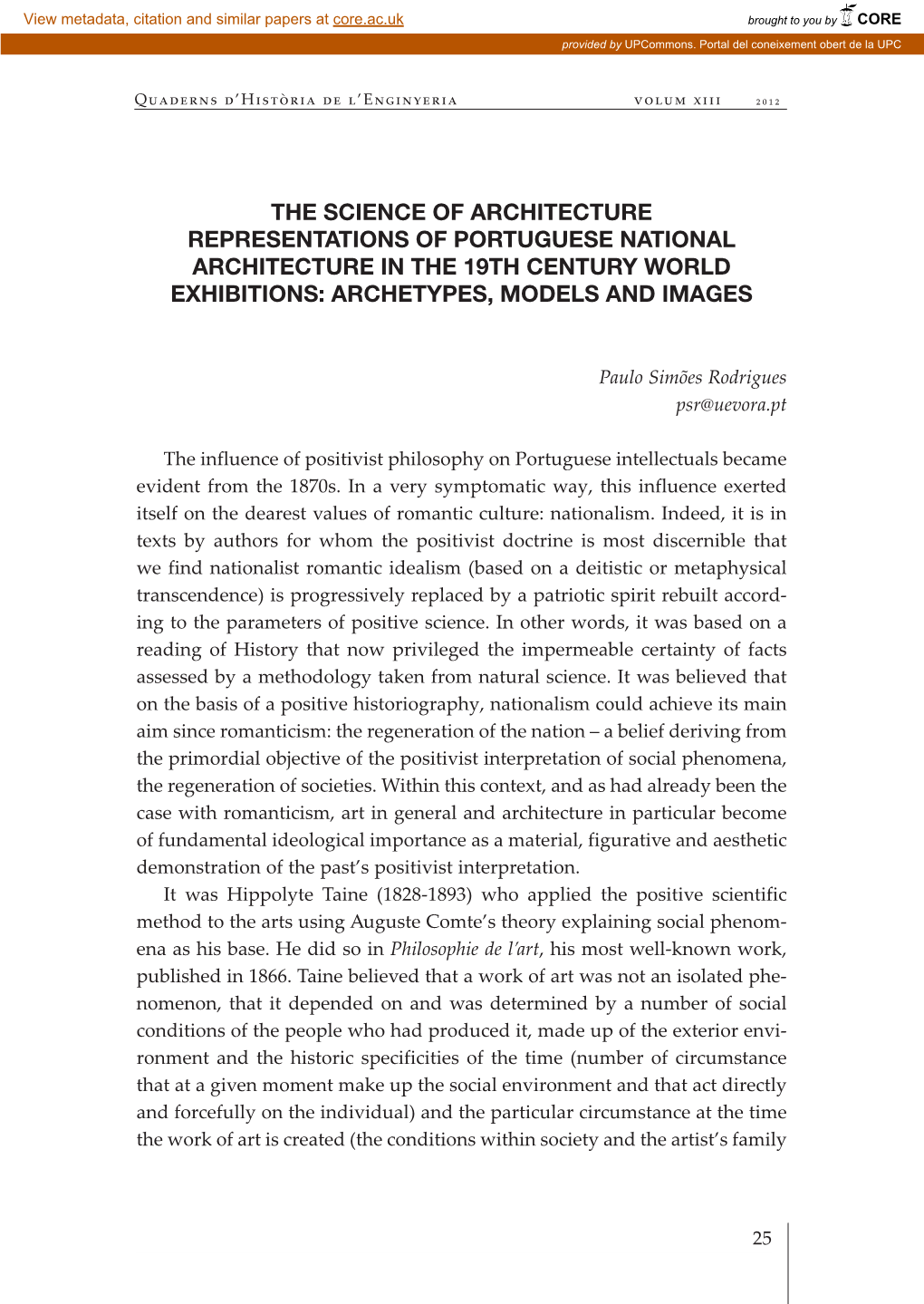 The Science of Architecture Representations of Portuguese National Architecture in the 19Th Century World Exhibitions: Archetypes, Models and Images