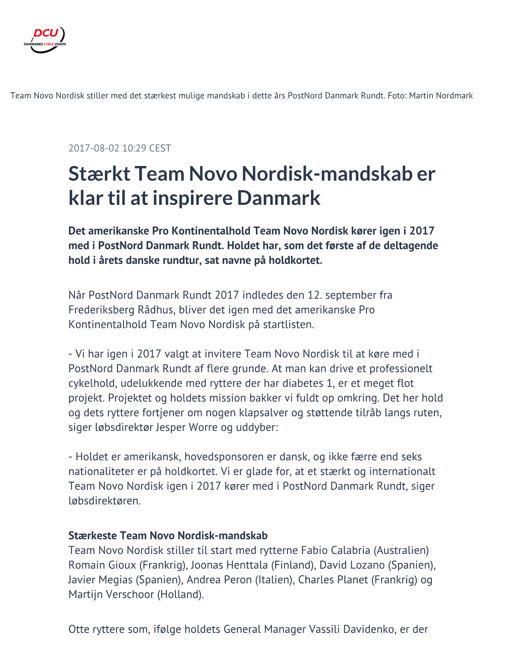 Stærkt Team Novo Nordisk-Mandskab Er Klar Til at Inspirere Danmark