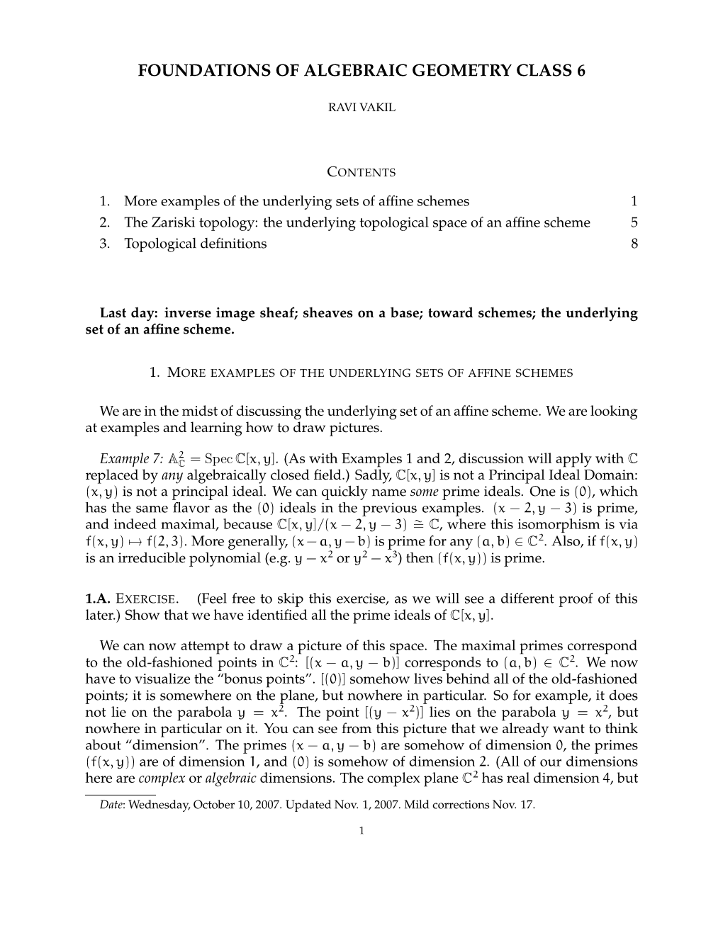 Foundations of Algebraic Geometry Class 6