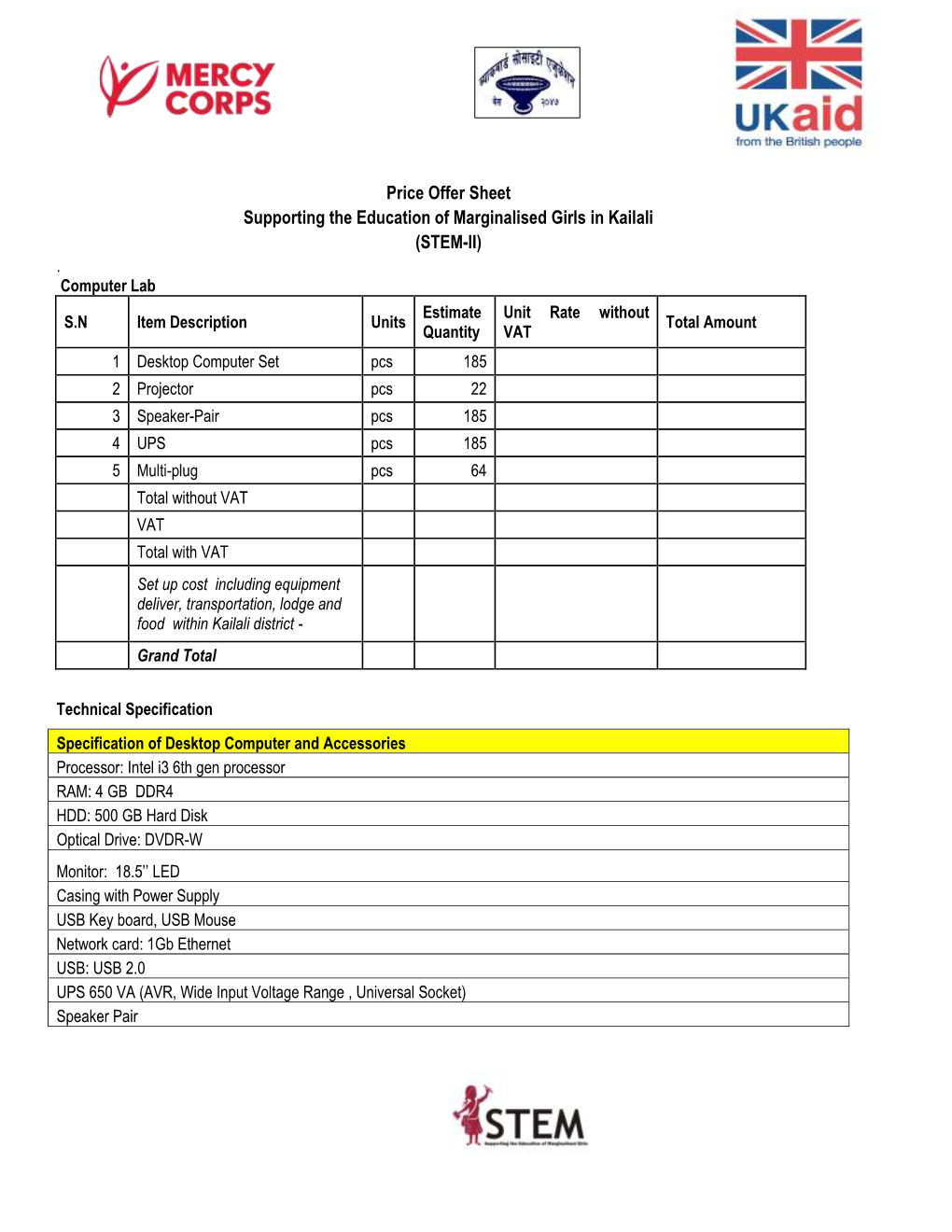 Price Offer Sheet Supporting the Education of Marginalised Girls in Kailali (STEM-II)