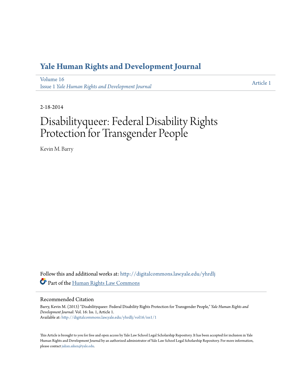 Disabilityqueer: Federal Disability Rights Protection for Transgender People Kevin M